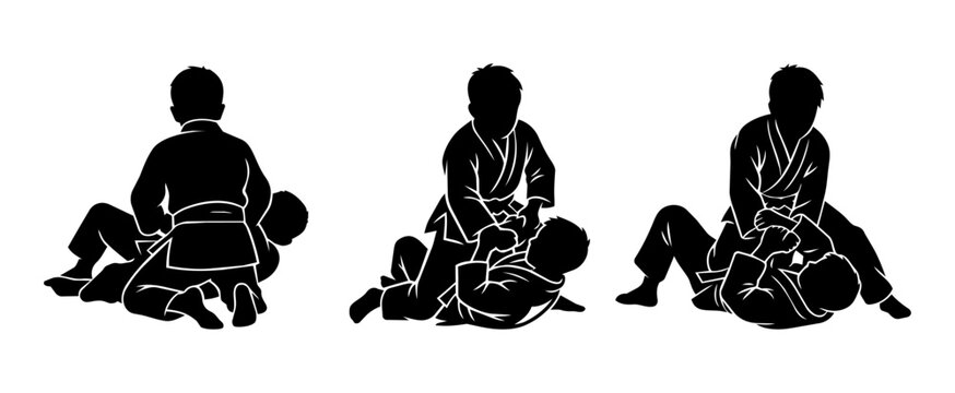 Children practice judo on a dojo mat. The athlets have judo gi and belt