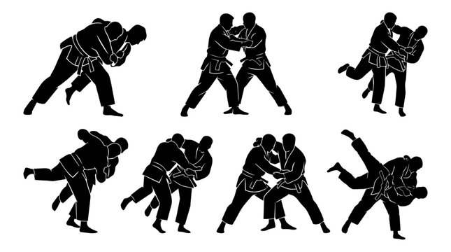 Two judo athletes grappling,takedown and throw, with judo gi on a mojo mat.