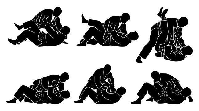 Ground fight judo Ne-waza with 2 athletes practitioners grappling with judo gi on mojo mat.