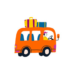 Naklejka premium Family Travel Bus. Vector Illustration with Luggage in Hand Drawn Style