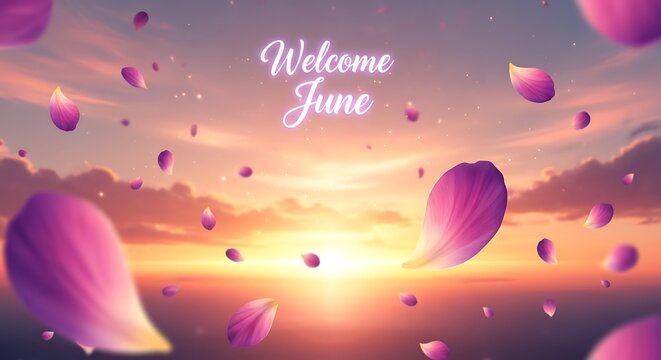 Welcome June greeting with colorful abstract bokeh background.
