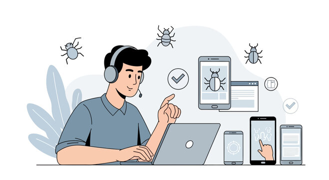Software tester with headset debugging apps on laptops and phones, facing bugs