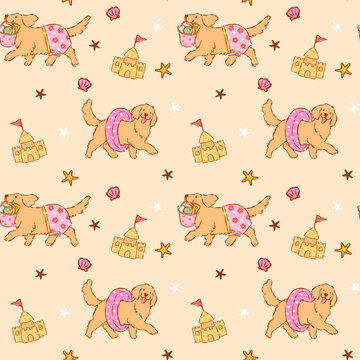 Summer golden retriever seamless pattern beach day goofy playful whimsical doodle hand drawn