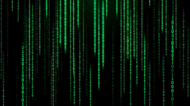 Green binary code rain on black, matrix hacker data concept background