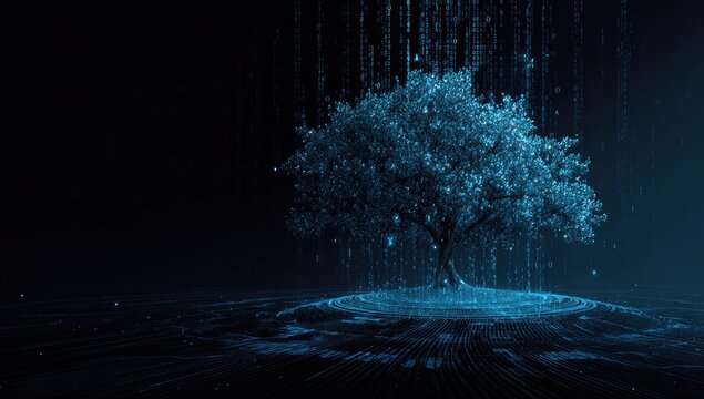 Digital tree of life glows with falling binary code against dark background