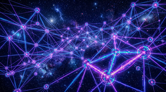 Glowing qubit lattice, quantum computing purple blue abstract concept