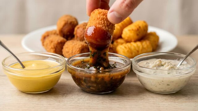 Hand dipping a crispy fried appetizer into a savory sauce, with various delectable dips and more delicious finger foods, ideal for a tasty snack or party