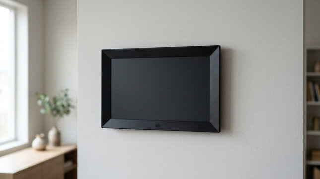 Wall-mounted black television in a modern living room setting  