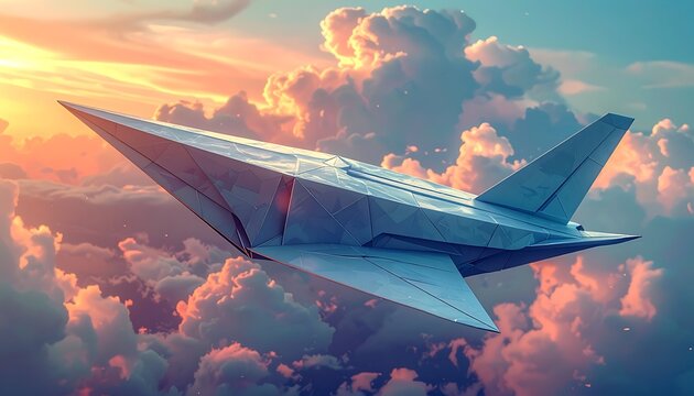 Airplane flying through sunset cloudscape sky.