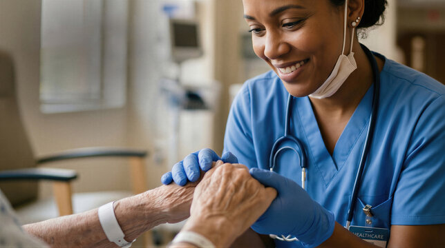 African American woman nurse holding hand of elderly patient to provide support. Compassionate care and empathy in hospital. Medical worker day celebration of clinical professionals.