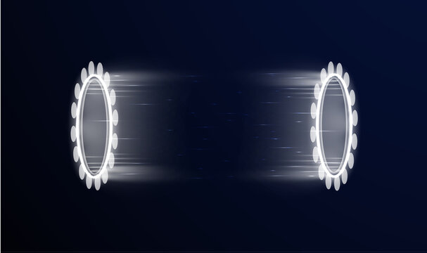 Blue futuristic portal emits luminous rays inside virtual cyber environment. Abstract glowing circles create sci fi teleportation effect.