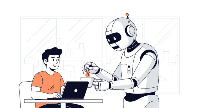 Robot assistant serving coffee to man working on laptop, futuristic office concept.