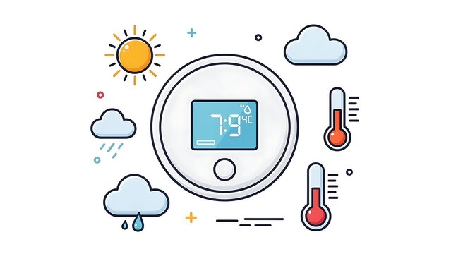 Cute flat vector thermometer with smiling face and temperature reading.