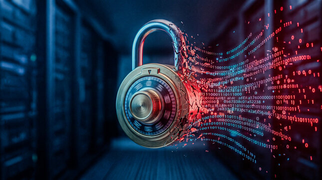 Combination lock dissolving into code, password cracking dark concept
