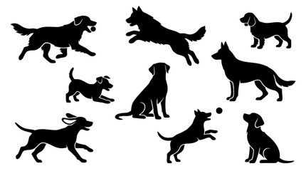 Fototapeta premium Set of Silhouettes of Dogs in Various Poses, Running and Playing