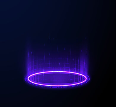 Purple neon energy tunnel portal with fast motion light trails and sparks. Sci-fi game UI background design. Futuristic vortex effect style.