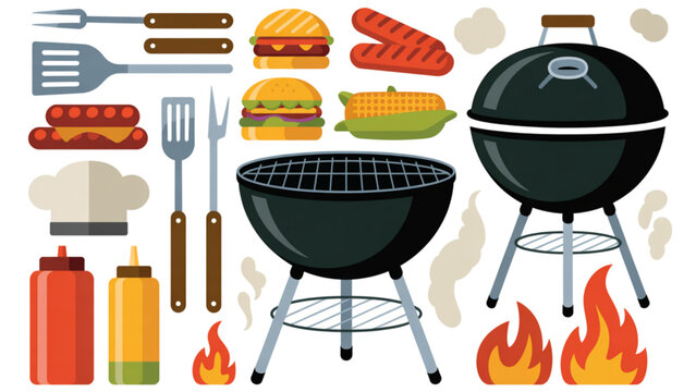 Colorful grilling tools and barbecue set with summer drinks Vector