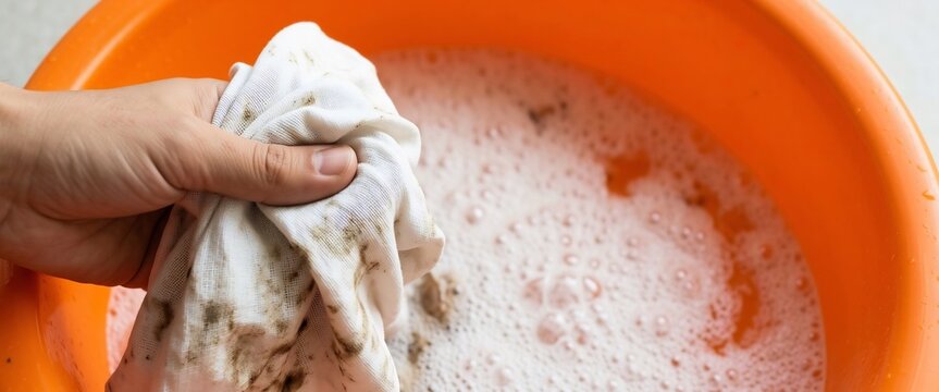 洗剤で汚れた衣類を手洗いする、泡立つオレンジ色の桶のクローズアップ