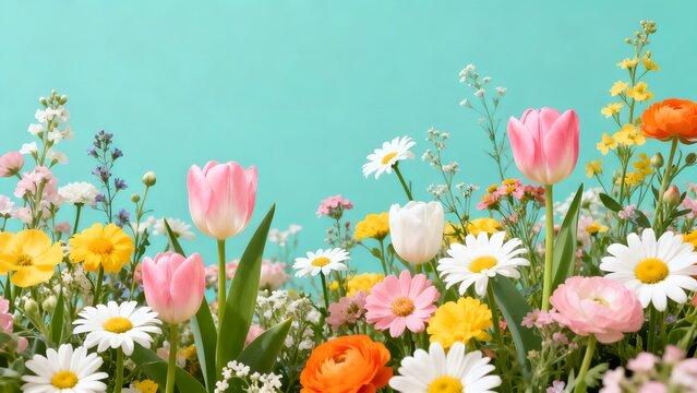 Colorful flowers against blue background