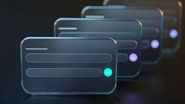 Premium glass morphism interface cards with glowing green checkmark in dark futuristic 3D render, software UI and task completion concept, editorial technology background with copy space