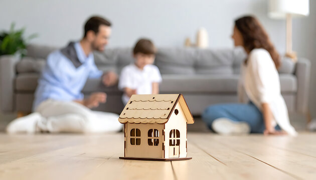 Family looking at a miniature wooden house on the floor, symbolizing home ownership and real estate dreams, warm living room setting