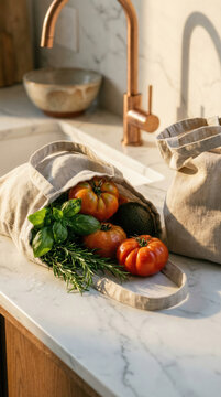 Reusable linen grocery bag tipped on its side with ripe tomatoes, fresh basil, avocado, and rosemary spilling out on a white marble kitchen counter with 