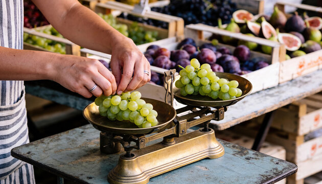 Close-up of a woman's hands with silver rings weighing fresh green grapes on a vintage ornate brass balance scale at a rustic outdoor fruit market stall, authentic local food lifestyle concept
