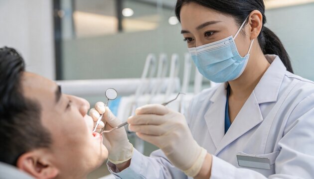 Young Asian female dentist in a white coat and blue surgical mask using a dental mirror to examine a male patient in a modern clean dental office with bright clinical lighting, healthcare concept