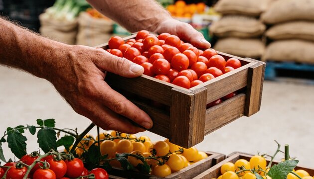 Close-up of two suntanned hands holding a rustic wooden crate overflowing with bright red cherry tomatoes at an outdoor farmers market with yellow tomatoes and vine leaves in the background
