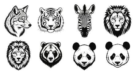Detailed black and white animal head illustrations of wolf tiger zebra lion bear and panda in two rows on clean background © Priyanka