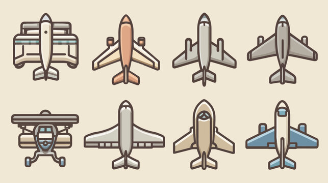Colorful airplane and aircraft side view icon set.