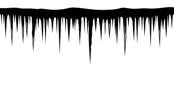 Black liquid drips down from a wavy line on a white background creating sharp icicle like drops in a dark mysterious graphic design element