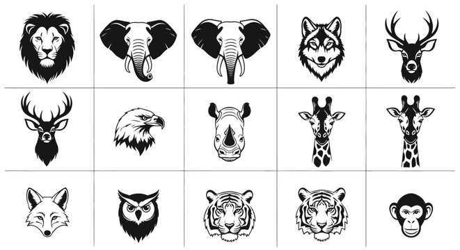 Collection of 15 black and white animal head illustrations including lion elephant wolf deer eagle rhino giraffe fox owl tiger monkey and more on clean white background for design