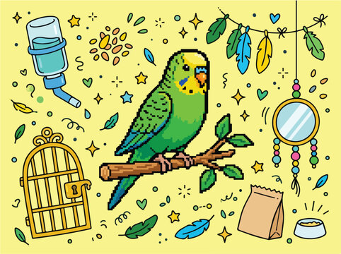 Green Parrot on Branch Perched.