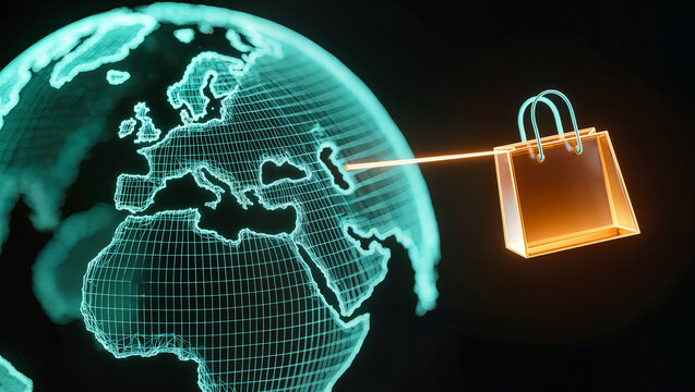 Premium digital wireframe globe with glowing neon orange shopping bag on dark background, global e-commerce and online shopping concept, editorial business background with copy space