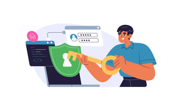 Cyber security, ethical hacking concept. Cybersecurity hacker login with password, username. Digital authentication, online account access. Flat vector illustration isolated on white background