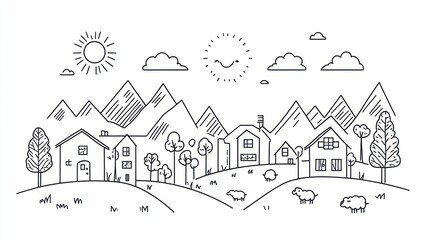 Naklejka premium Line art mountain village landscape (1)