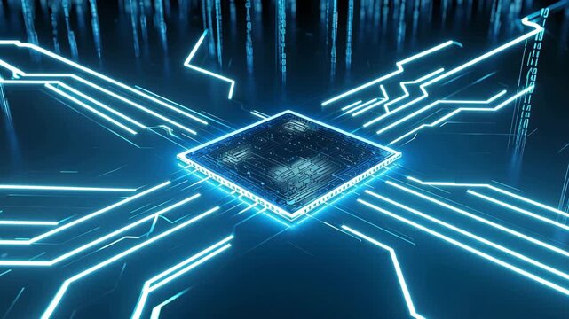 Abstract digital circuitry, glowing technology, computer chip, data network, futuristic blue