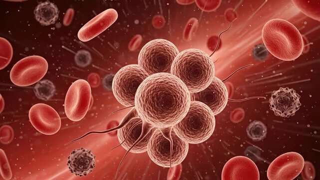 Malignant cancer cell cluster floating through human bloodstream, showing disease progression, abnormal cellular proliferation, genetic mutation, and oncology treatment development.