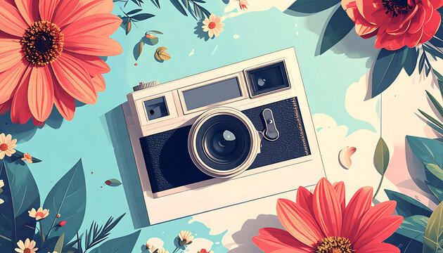 Flat lay vintage camera surrounded by vibrant floral elements, soft blue sky background, photography concept