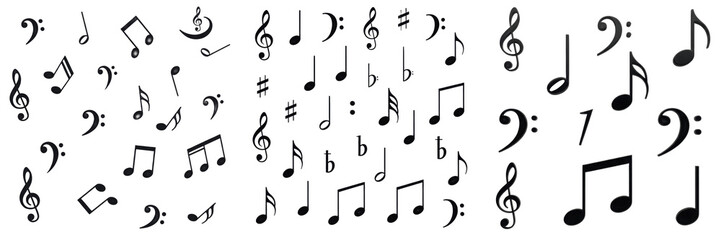 Musical notes and clef symbols isolated on white background, black and white artistic music notation icons for creative design projects, symphony composition elements and artistic melody graphic asset © Freezan
