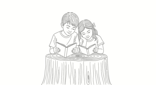 Children reading books together on a tree stump outdoors.