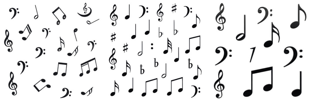 Musical notes and clef symbols isolated on white background, black and white artistic music notation icons for creative design projects, symphony composition elements and artistic melody graphic asset