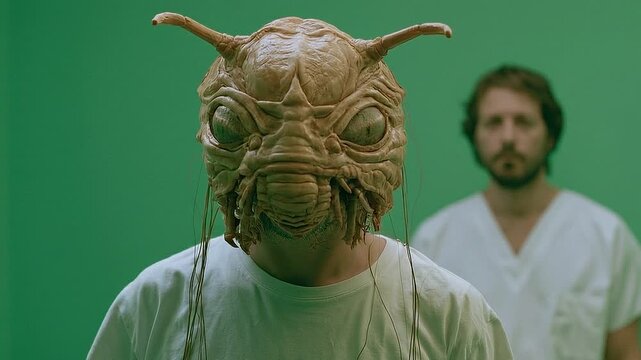 Sci-Fi Green Screen Character with Insectoid Monster Mask.