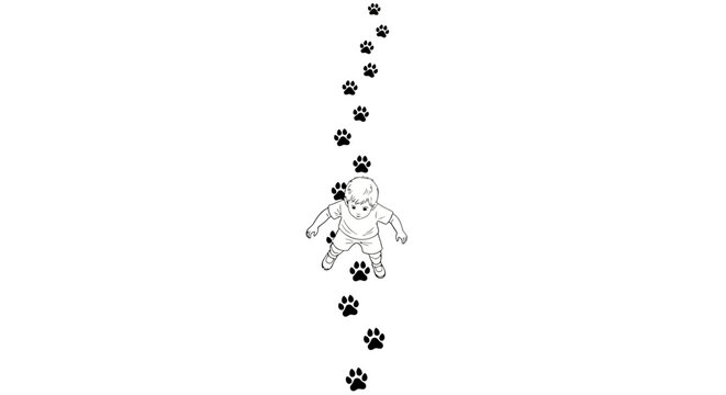 Cute pug illustration with ascending paw print trail.