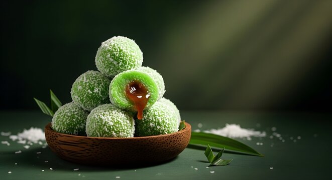 Traditional Indonesian Klepon with Melted Palm Sugar Filling on Dark Background