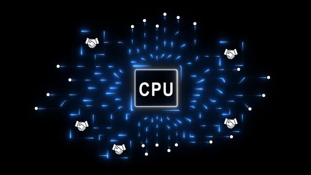 Glowing digital circuit board with central processor chip displaying AI concept,Digital schematic with neon energy flow, Futuristic CPU technology and algorithm processing 4k video...