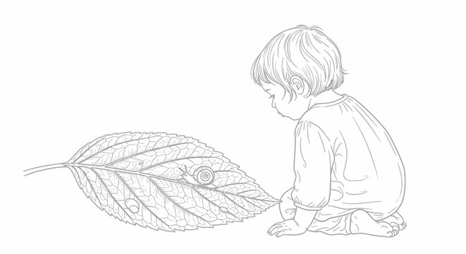 Curious young child examining a large leaf up close.