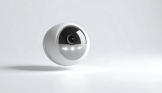 Futuristic surveillance camera, autonomous drone, security device, AI technology, hovering orb with lens and lights, isolated on clean background