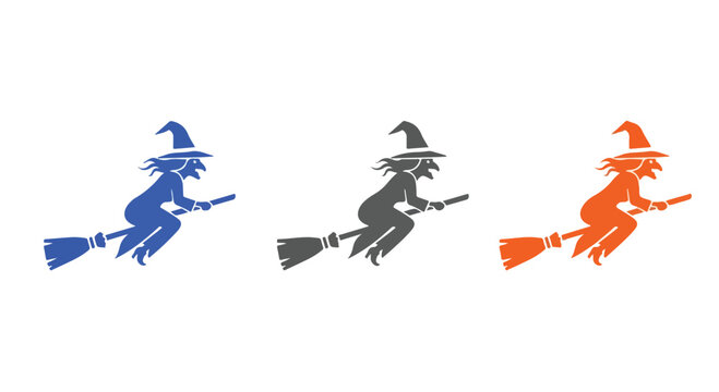 Three witches riding broomsticks in flight with colorful silhouettes.
